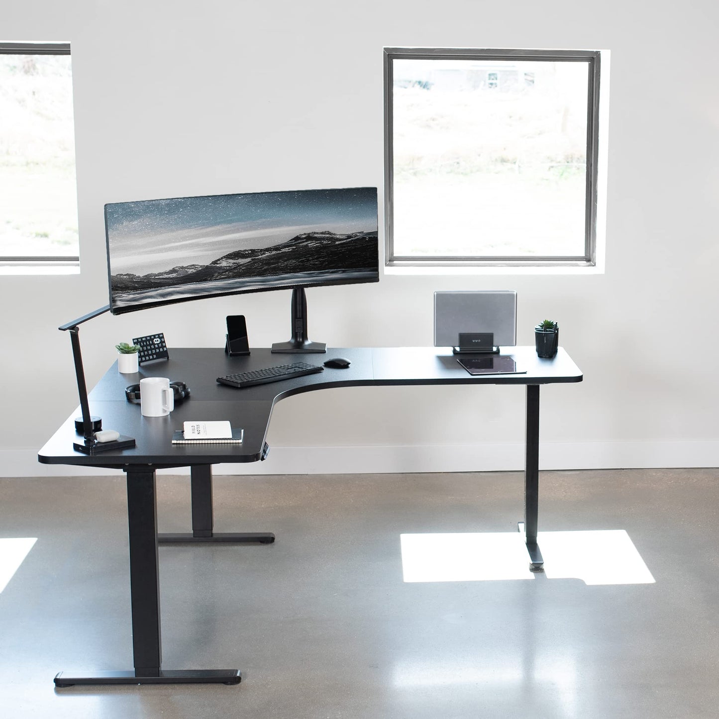 Electric Height Adjustable 71 x 71 inch Curved Corner Stand Up Desk, Black Table Top, Black Frame, Memory Controller, L-Shaped Workstation, E3C Series, DESK-KIT-E3CB2