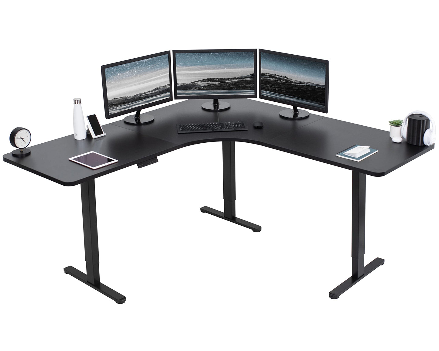 Electric Height Adjustable 71 x 71 inch Curved Corner Stand Up Desk, Black Table Top, Black Frame, Memory Controller, L-Shaped Workstation, E3C Series, DESK-KIT-E3CB2