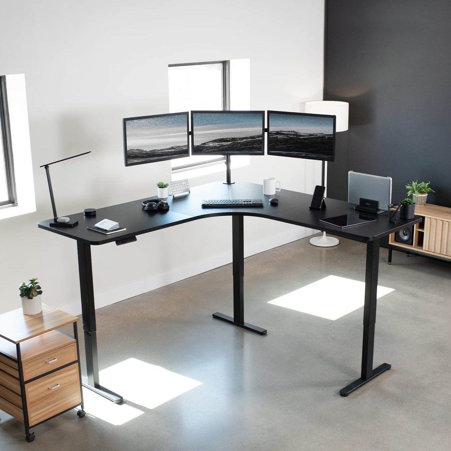 Electric Height Adjustable 71 x 71 inch Curved Corner Stand Up Desk, Black Table Top, Black Frame, Memory Controller, L-Shaped Workstation, E3C Series, DESK-KIT-E3CB2