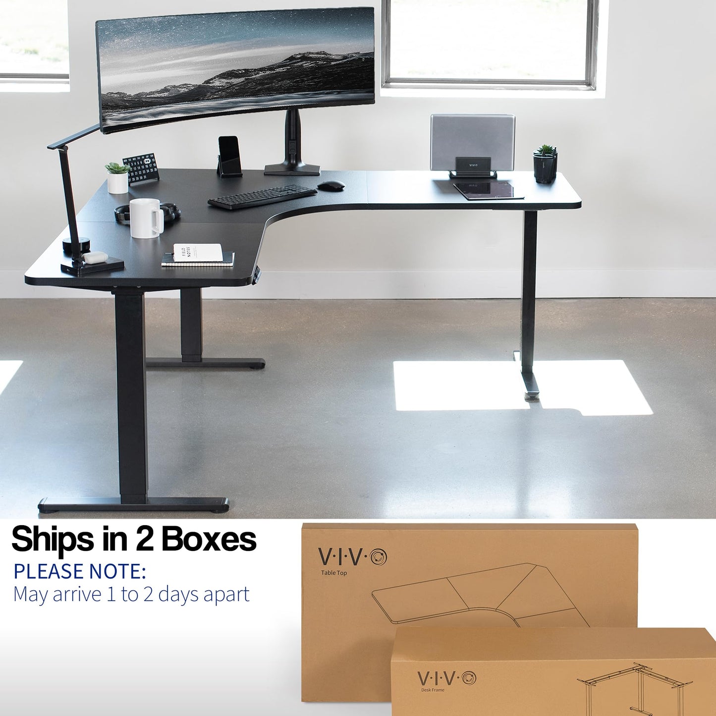 Electric Height Adjustable 71 x 71 inch Curved Corner Stand Up Desk, Black Table Top, Black Frame, Memory Controller, L-Shaped Workstation, E3C Series, DESK-KIT-E3CB2