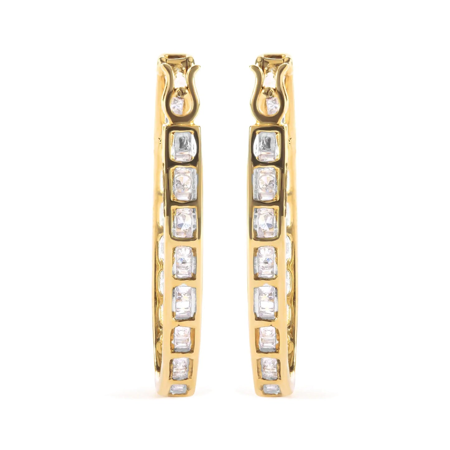 10K Yellow Gold 1.00 Cttw Round and Baguette-Cut Diamond U-Hoop Earrings (H-I Color, SI2-I1 Clarity)